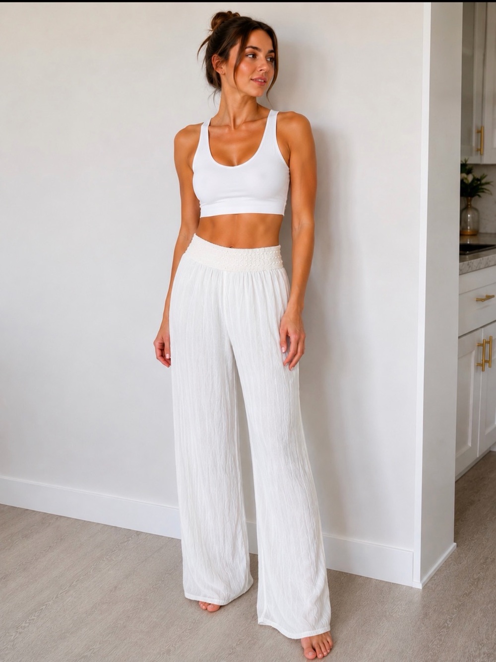 Silk White Wide-Leg Smocked Waist Lounge Pants